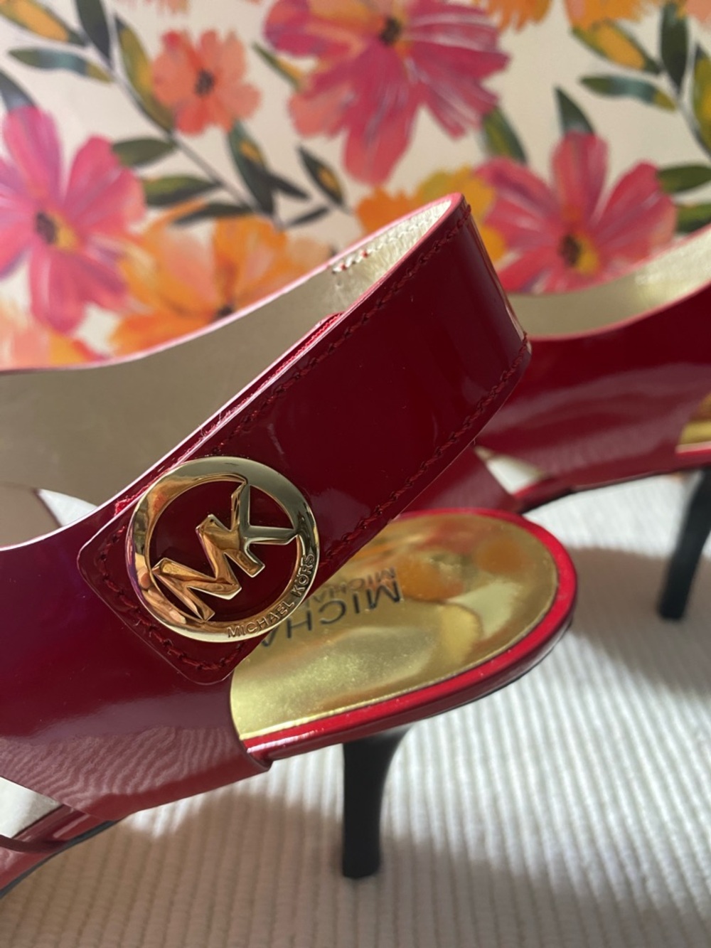 Michael Kors Red Patent Leather Heeled Sandals with Gold MK Medallion